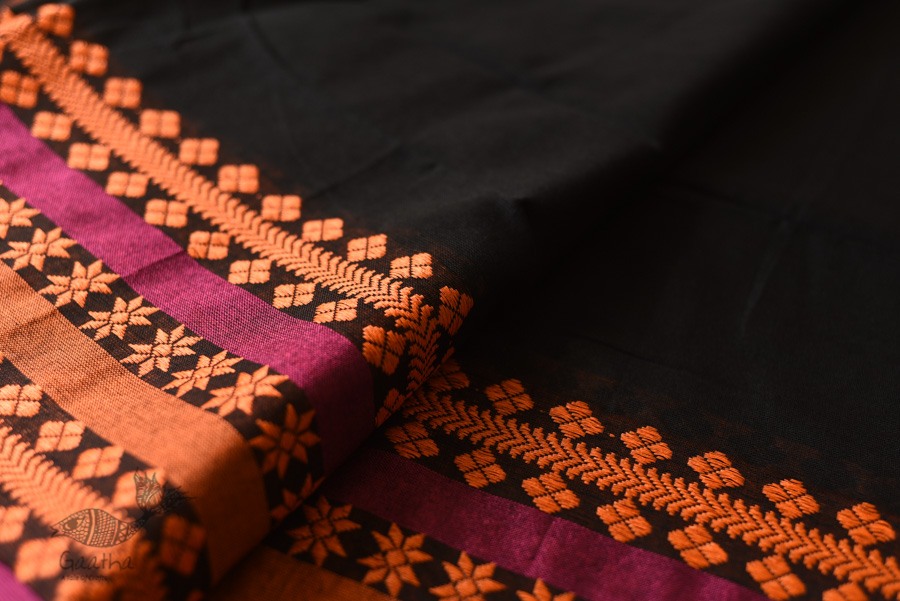 Handloom Cotton Bengali Saree  - Black with Woven Border