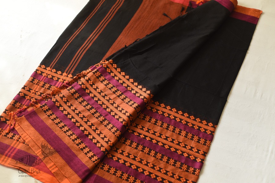 Handloom Cotton Bengali Saree  - Black with Woven Border