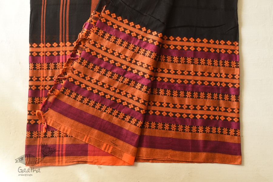 Handloom Cotton Bengali Saree  - Black with Woven Border