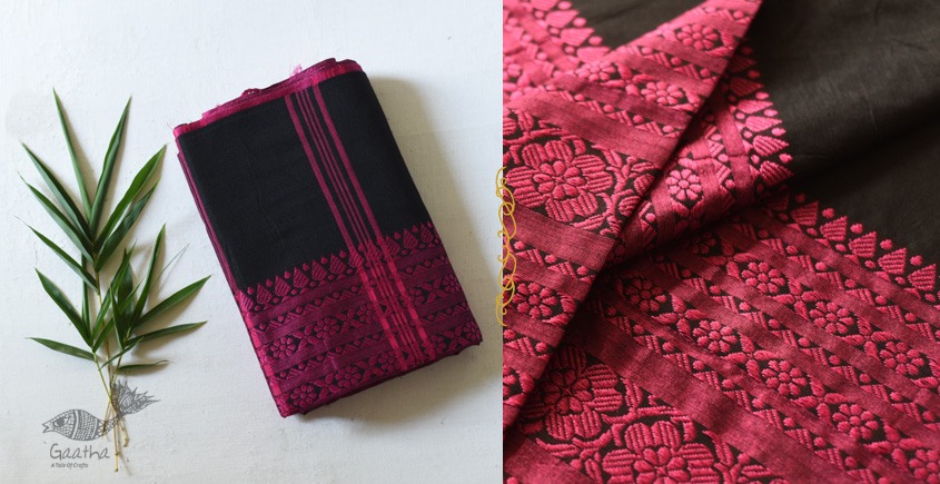 Traditional Bengali cotton sareeBlack Saree With Rani Pink Boder