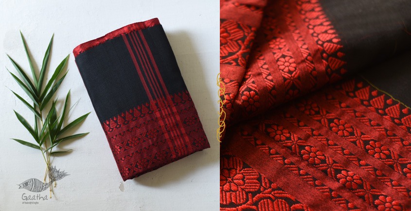 Traditional Bengali cotton Black With Red Woven Border Saree