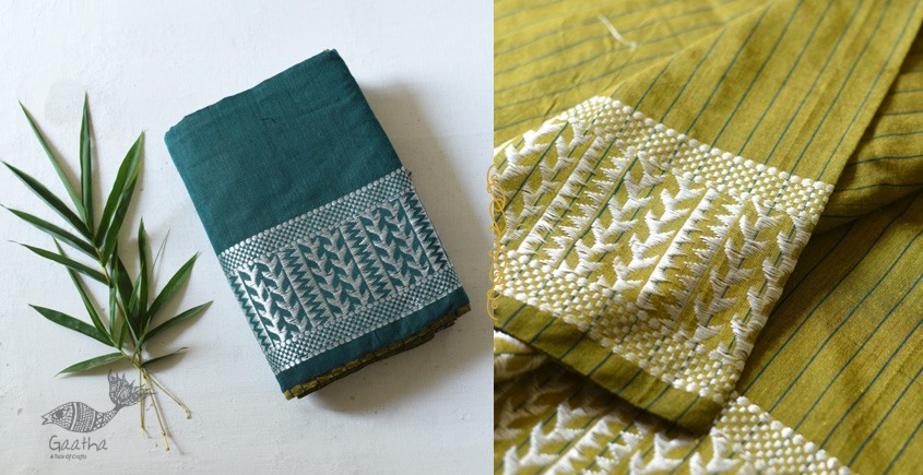 Traditional Bengali cotton Green Striped Saree