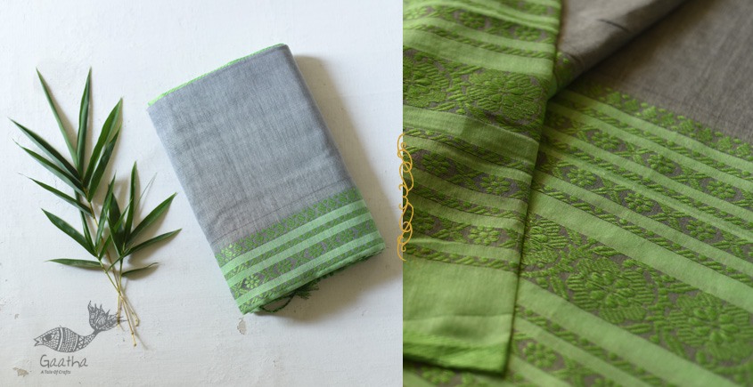 Traditional Bengali cotton saree - Grey With Green Woven Border