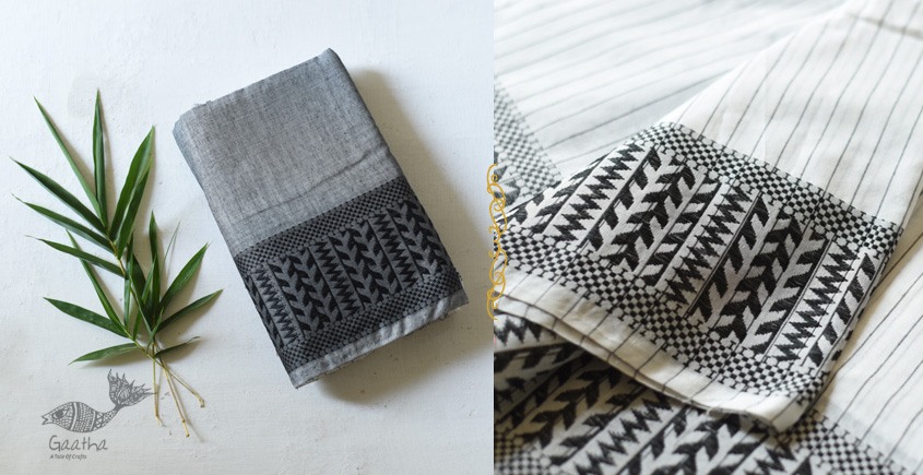 Traditional Bengali cotton Saree  - White With Black Stripes