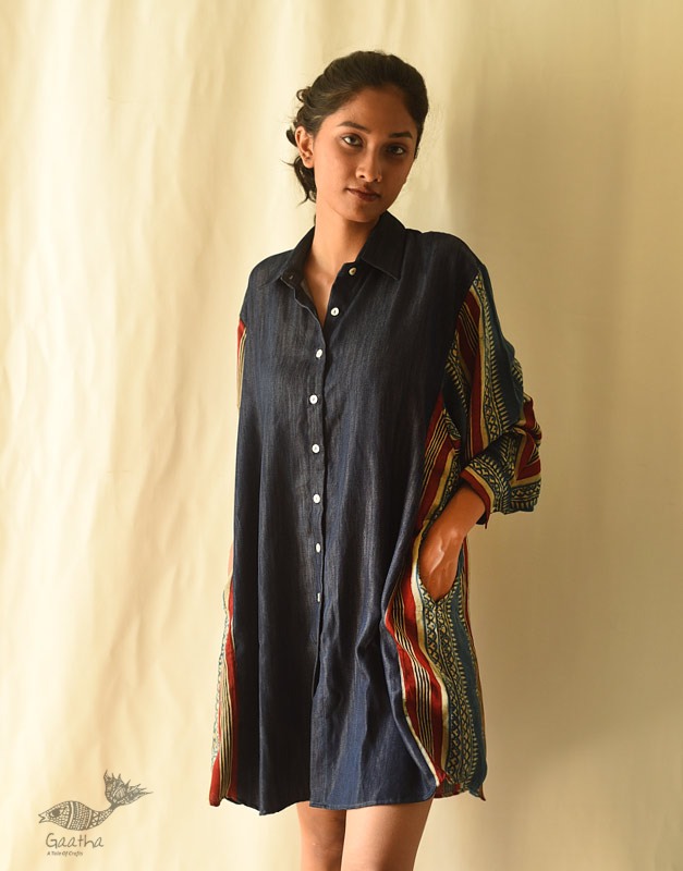 buy Vegetable Dyed Ajrakh & Denim Dress / Free Size Shirt