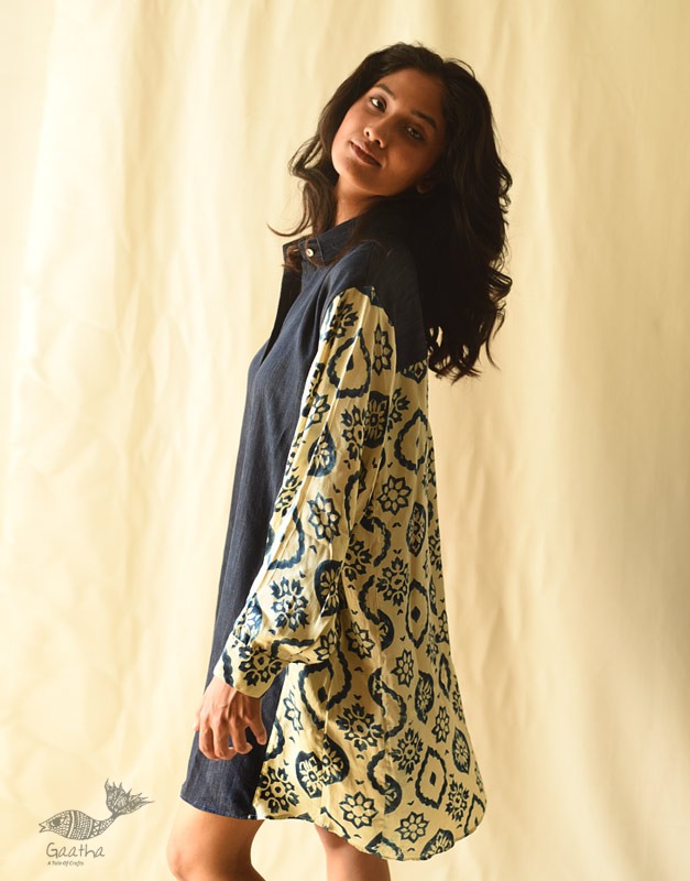 buy Modal Silk Ajrakh Prints & Denim Dress