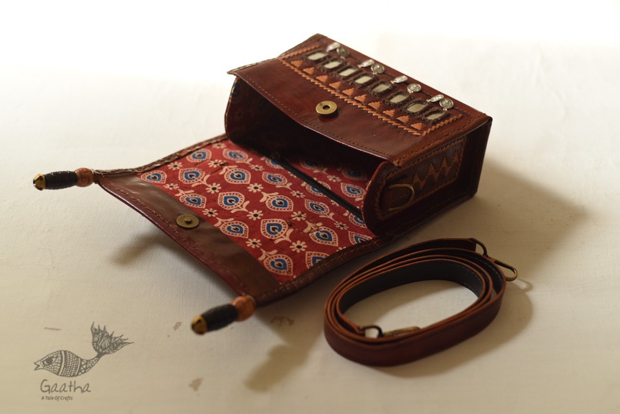 shop Kutchi Embroidery & Mirror Work - Leather Handbag / Leather Sling Bag