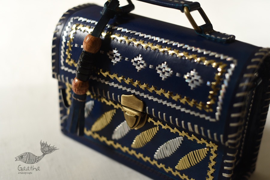 shop Kutchi Leather Sling HandbagKutchi Leather Sling Blue Handbag - With Zari Embroidery