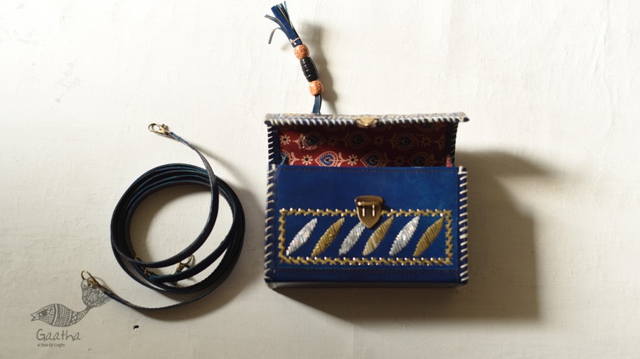 shop Kutchi Leather Sling HandbagKutchi Leather Sling Blue Handbag - With Zari Embroidery