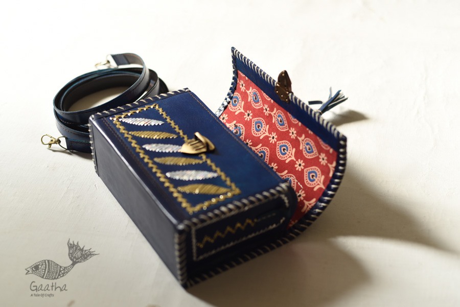 shop Kutchi Leather Sling HandbagKutchi Leather Sling Blue Handbag - With Zari Embroidery