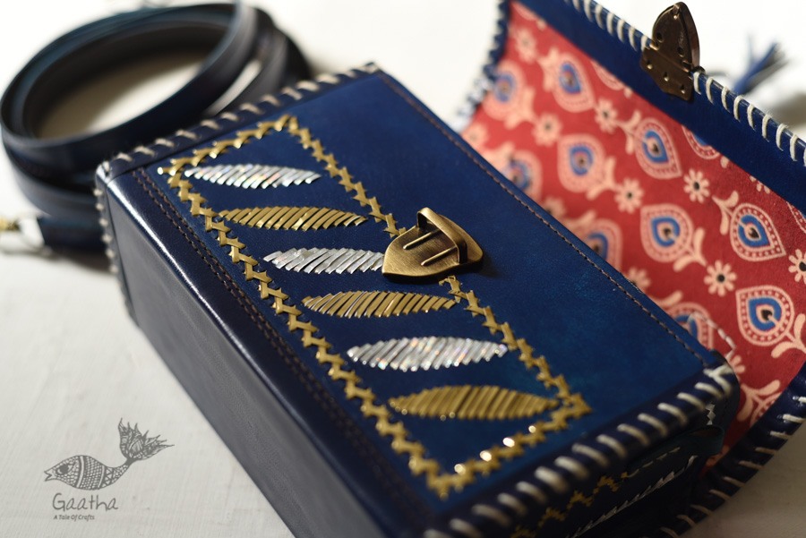 shop Kutchi Leather Sling HandbagKutchi Leather Sling Blue Handbag - With Zari Embroidery