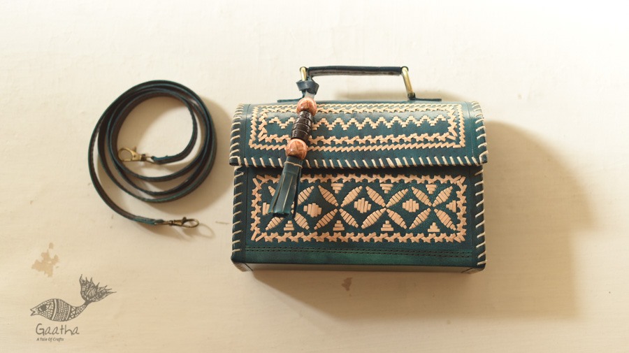 shop Kutchi Embroidered Leather Sling Handbag - Teal