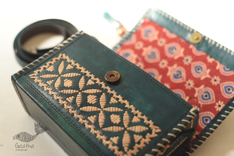 shop Kutchi Embroidered Leather Sling Handbag - Teal