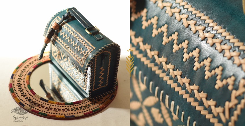 shop Kutchi Embroidered Leather Sling Handbag - Teal