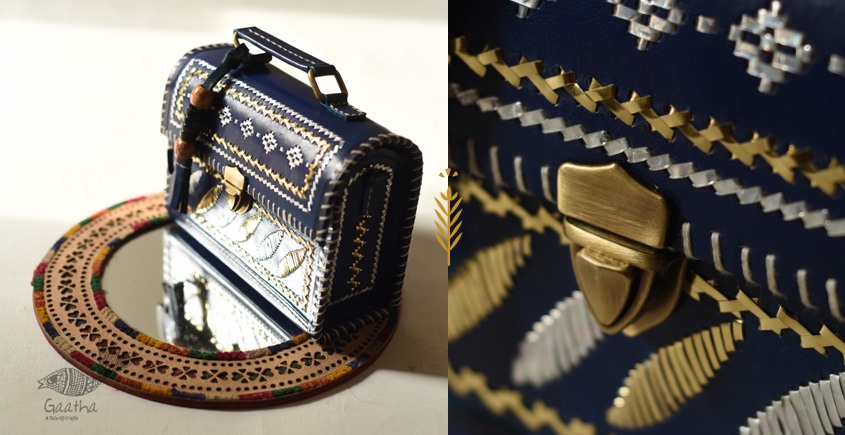 shop Kutchi Leather Sling HandbagKutchi Leather Sling Blue Handbag - With Zari Embroidery