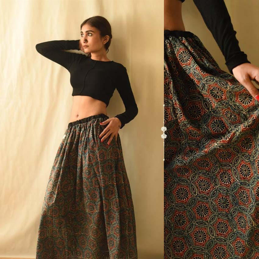 shop Ajrakh Prints Long Skirt / Ghagra With Natural Dyed