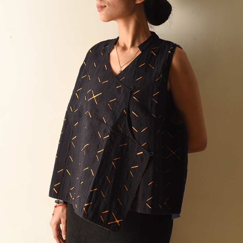 shop Handwoven Reversible Applique top - Black & Yellow