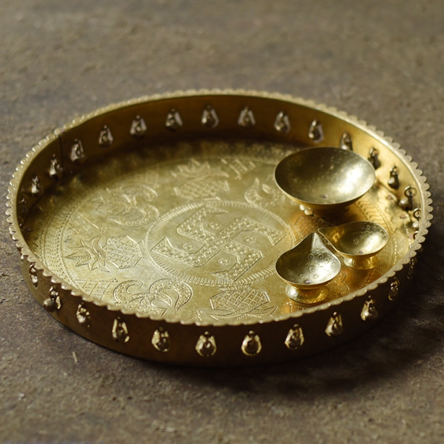Handcrafted Brass ~ Pooja Thali With Three Diyas
