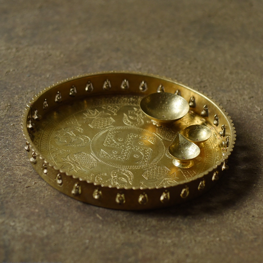 Handcrafted Brass ~ Pooja Thali With Three Diyas