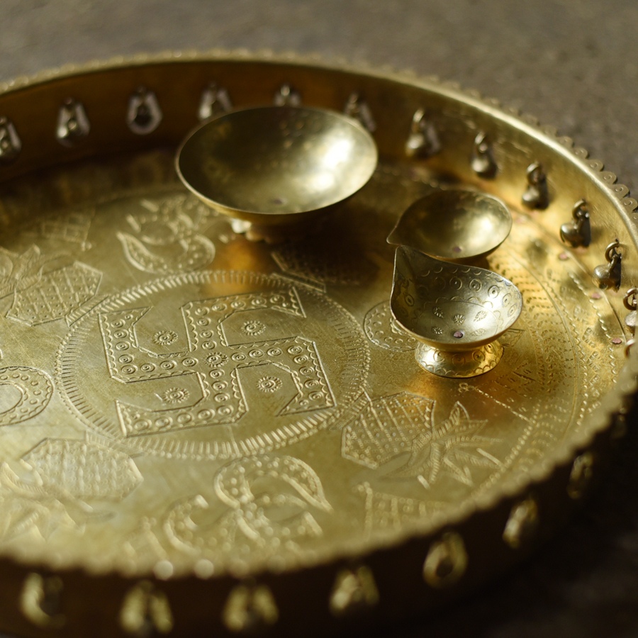 Handcrafted Brass ~ Pooja Thali With Three Diyas