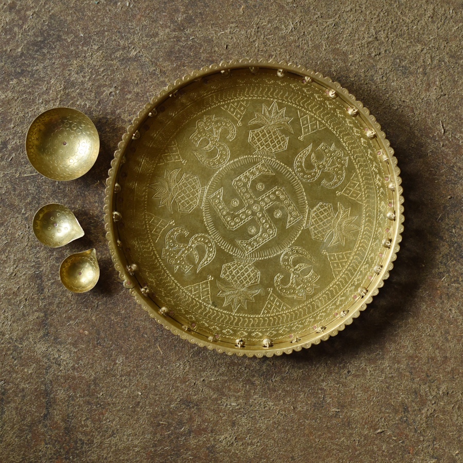 Handcrafted Brass ~ Pooja Thali With Three Diyas