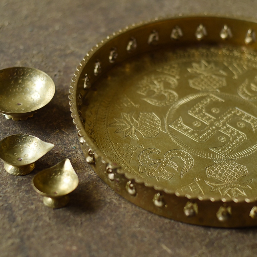 Handcrafted Brass ~ Pooja Thali With Three Diyas