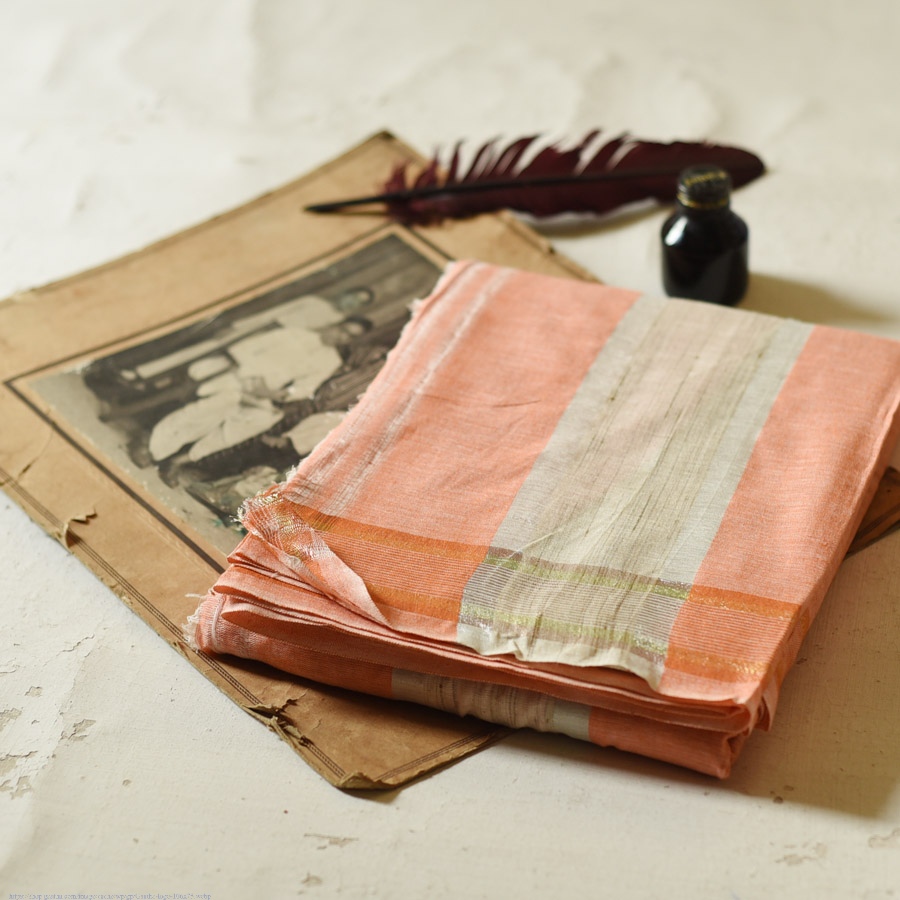 Handloom Dhoti Khes - Off White with Orange Border