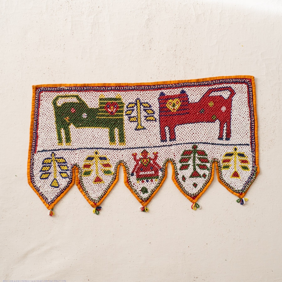 Saurashtra Bead Work - Old & Antique Wall Hanging - Lion Motif Door Toran