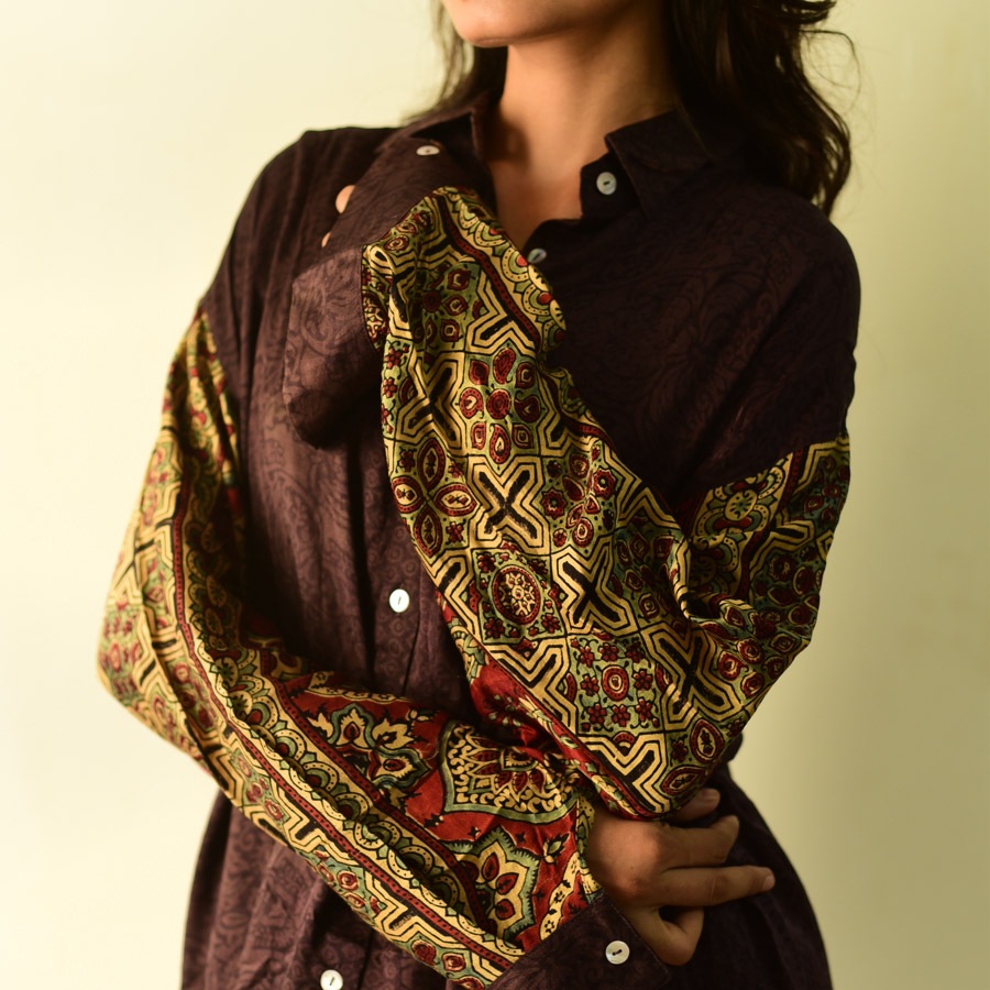 buy Ajrakh Block Printed Modal Silk Shirt