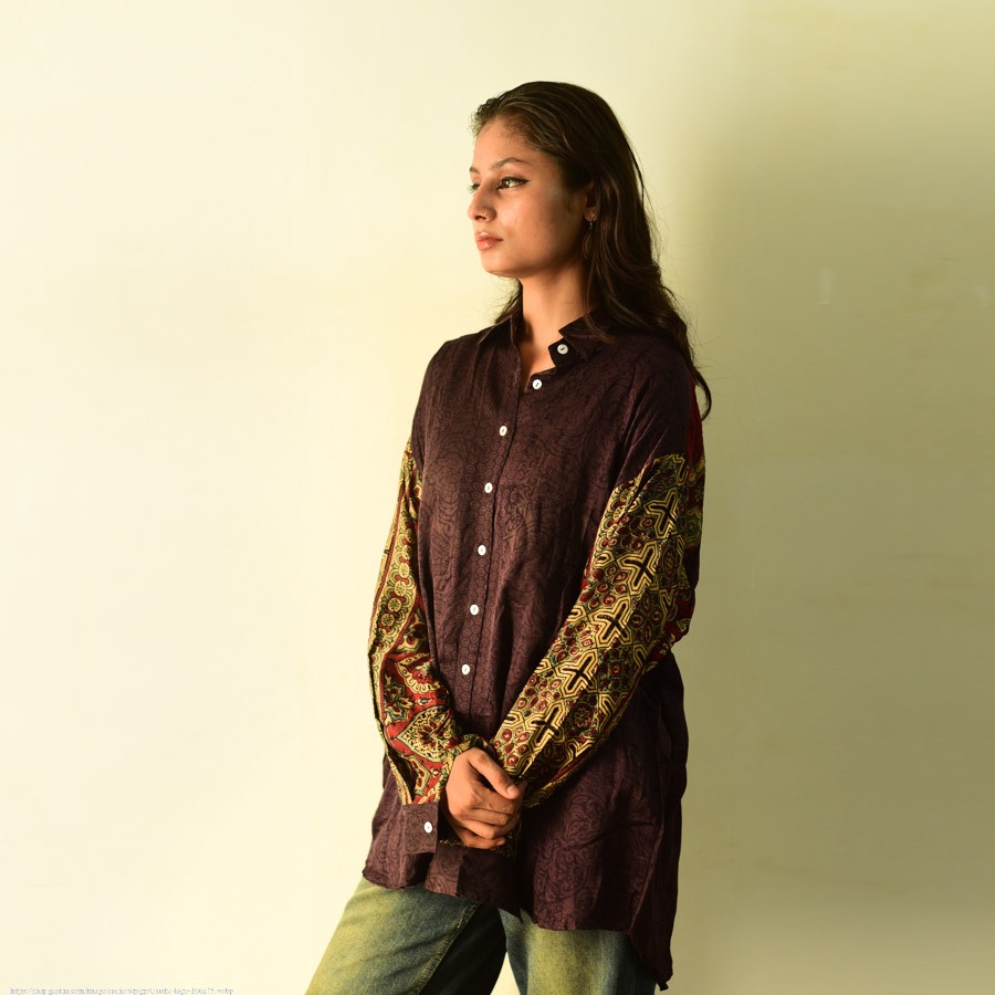 buy Ajrakh Block Printed Modal Silk Shirt