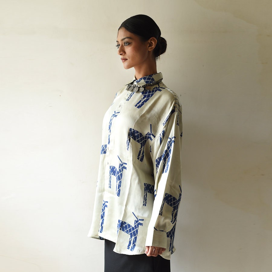 buy Block Printed Silk Shirt ~ Ajrakh Modal With Natural Dyed