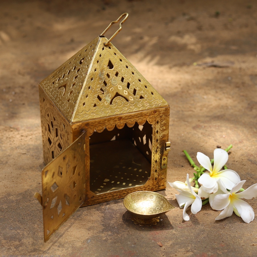handmade brass hanging lamp with diya