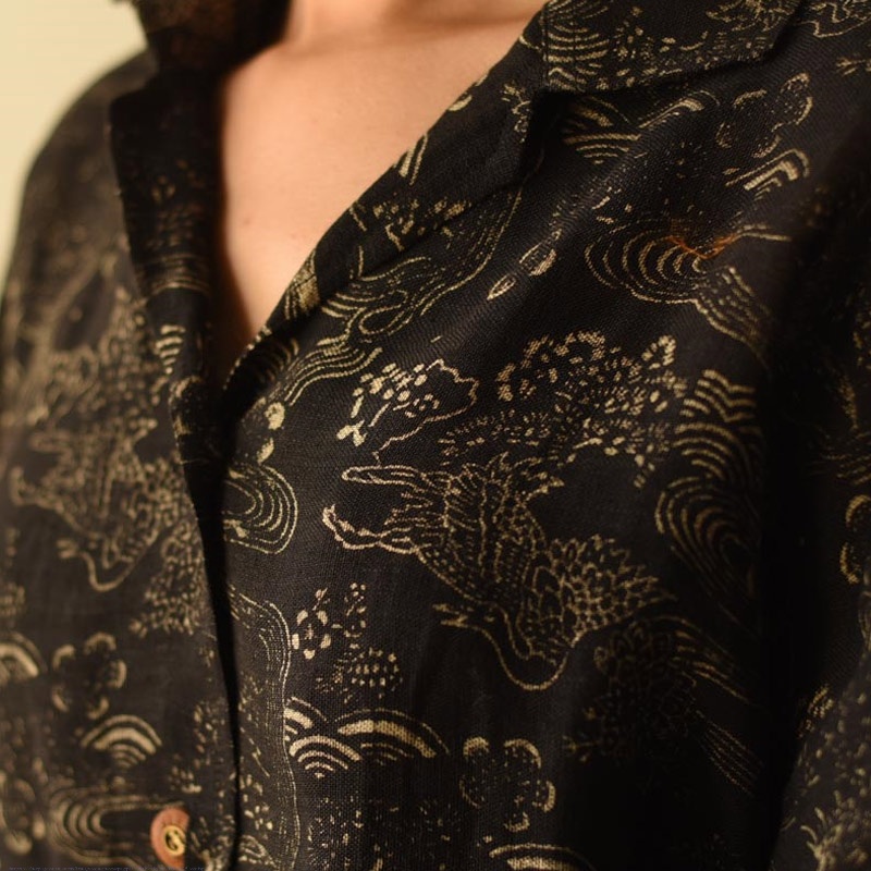 buy Linen Ajrakh Printed Black Shirt - Natural Dyed