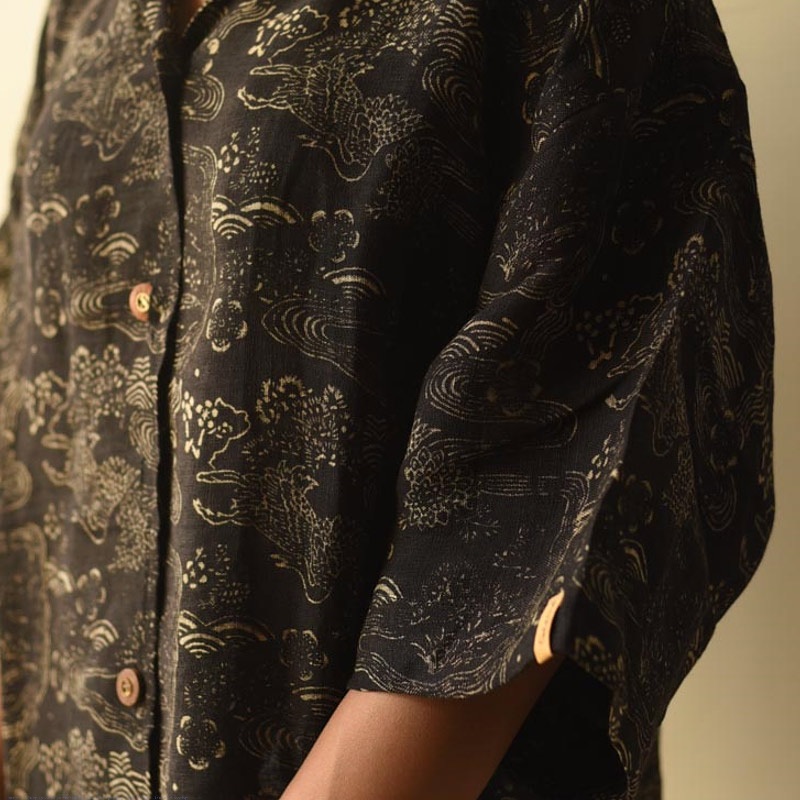 buy Linen Ajrakh Printed Black Shirt - Natural Dyed