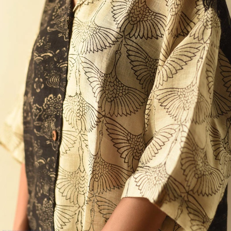 buy Linen Ajrakh Printed Black & White Shirt - Natural Dyed