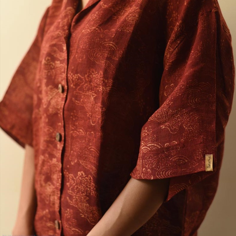 buy Linen Ajrakh Printed Red Unisex Shirt - Natural Dyed