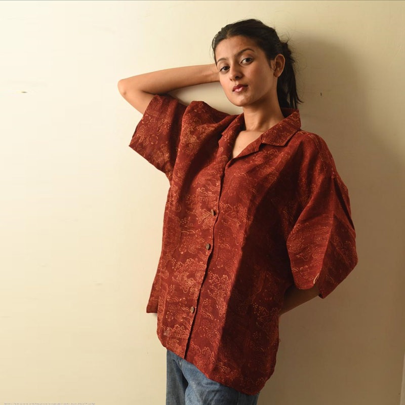 buy Linen Ajrakh Printed Red Unisex Shirt - Natural Dyed