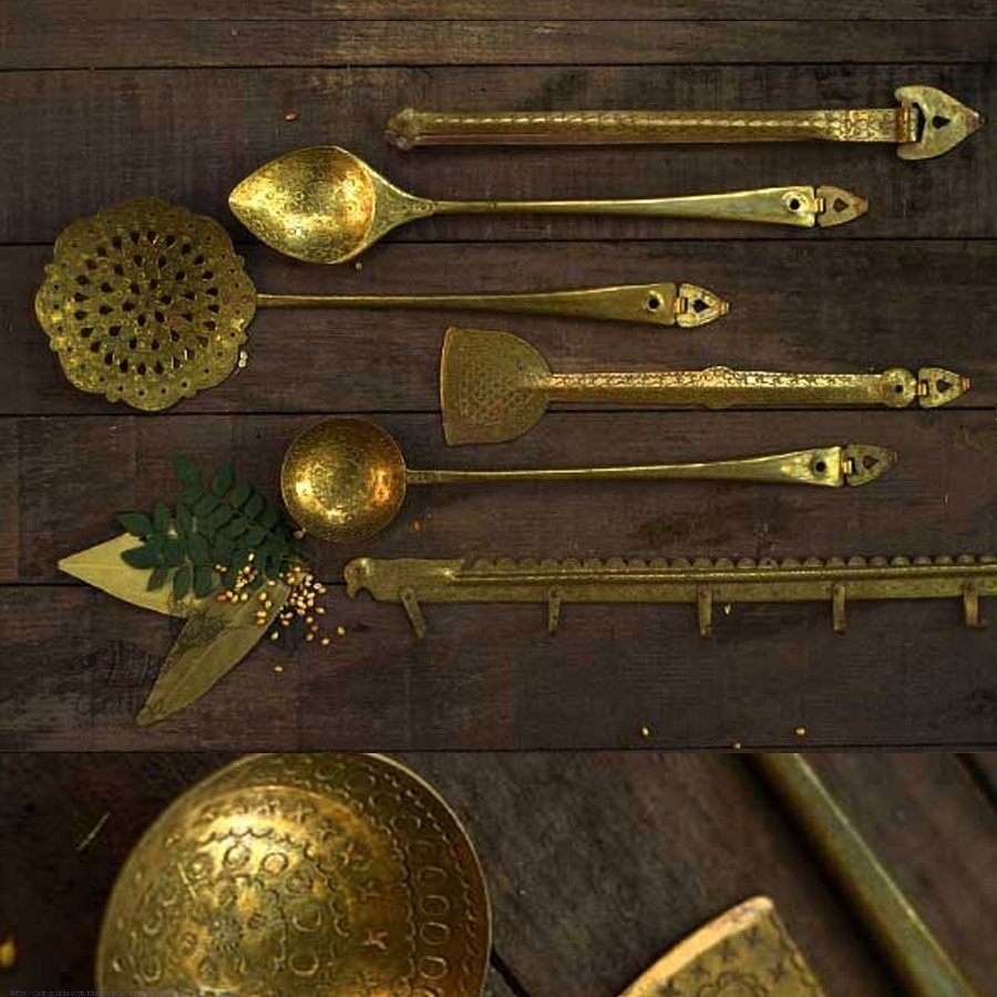 pure brass kitchen set - utensils  set of five shop handmade kitchen set - pure brass utensils