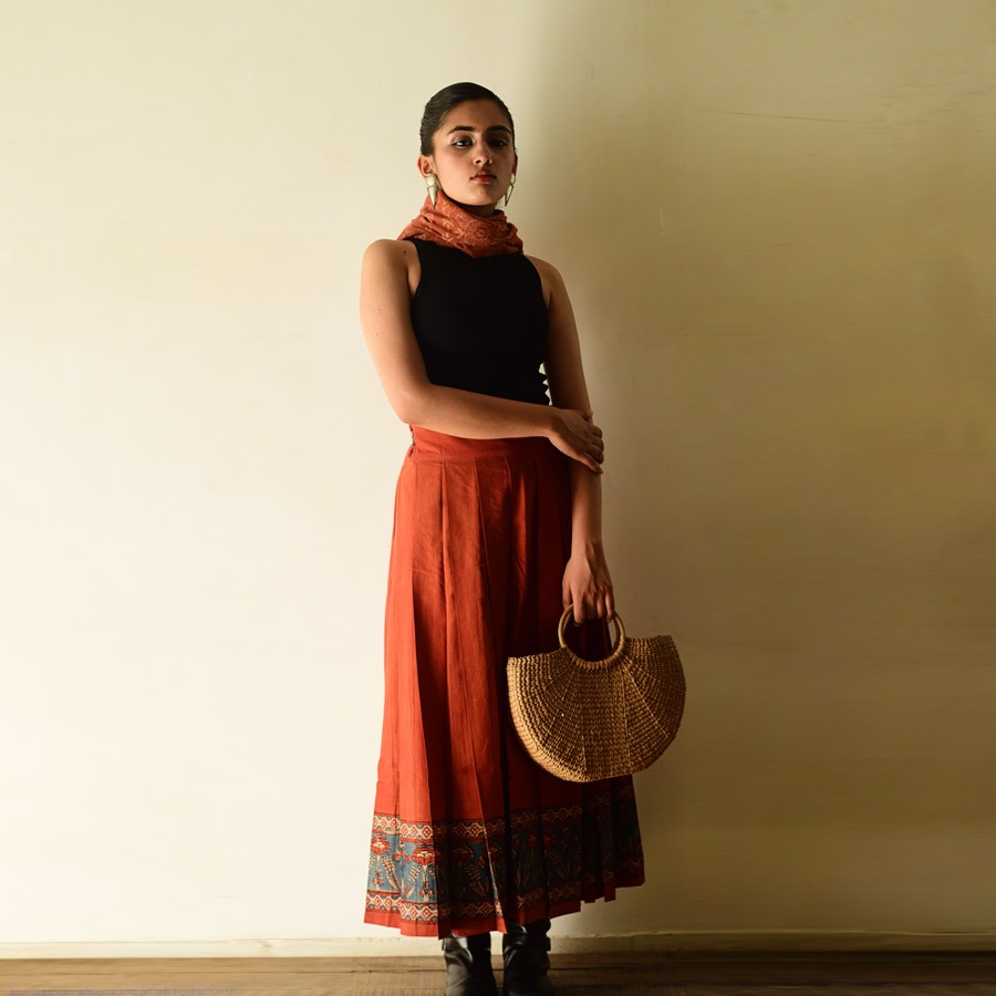 shop Ajrakh Printed Wrap Around Cotton Skirt - Natural Dyed