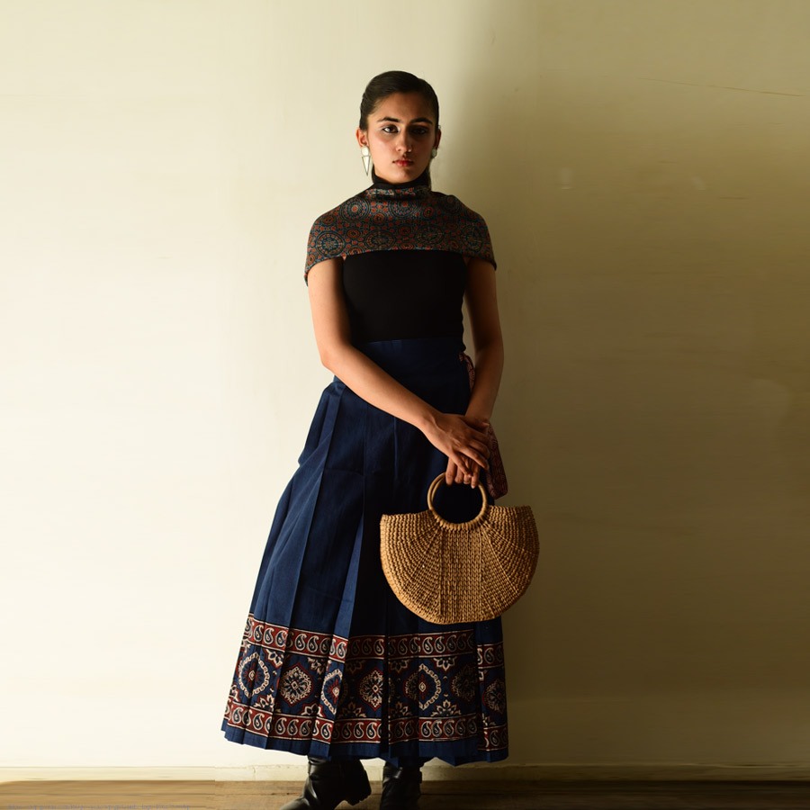 shop Ajrakh Natural Dyed ~ Long Wrap Around Cotton Skirt