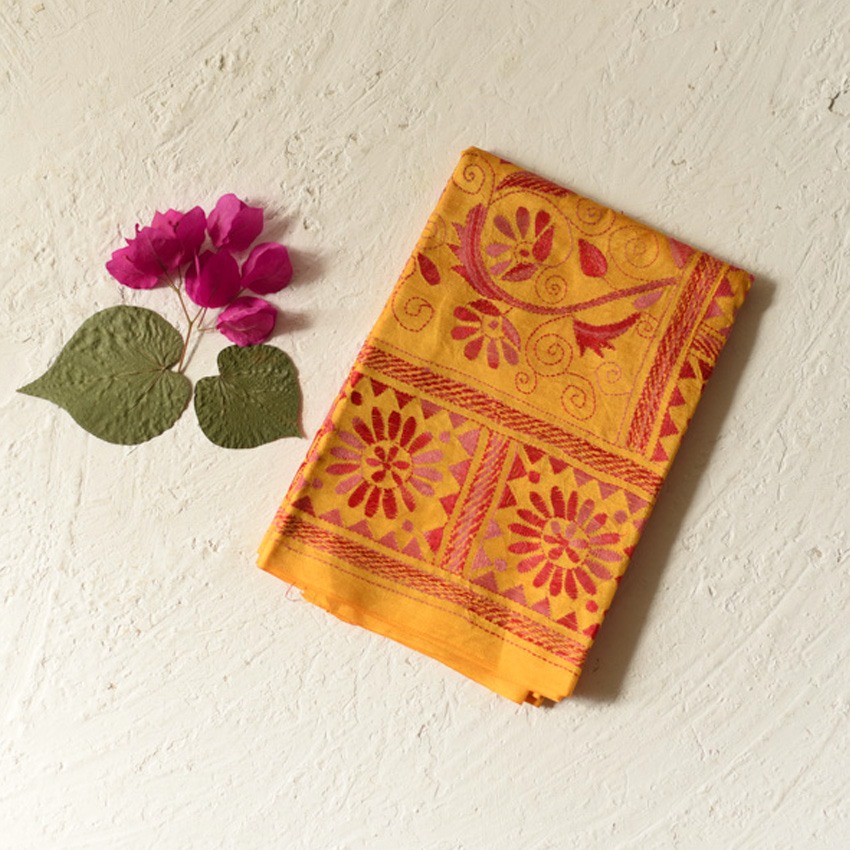  Kantha Silk Stole - Embroidered Yellow