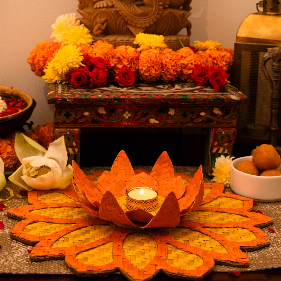 shop Handcrafted Bamboo Rangoli with Lotus Tea Light Holder 