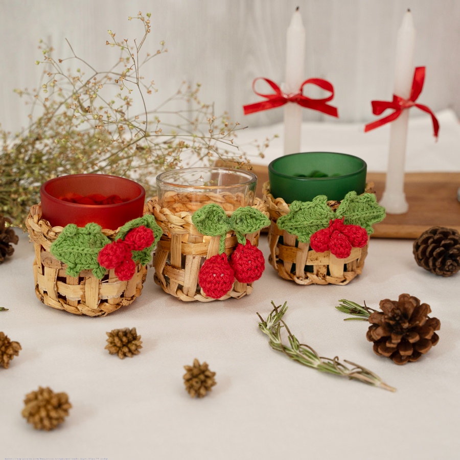 shop Handcrafted - Banana Bark & Crochet Joy Tea Light Holder | Set of 3