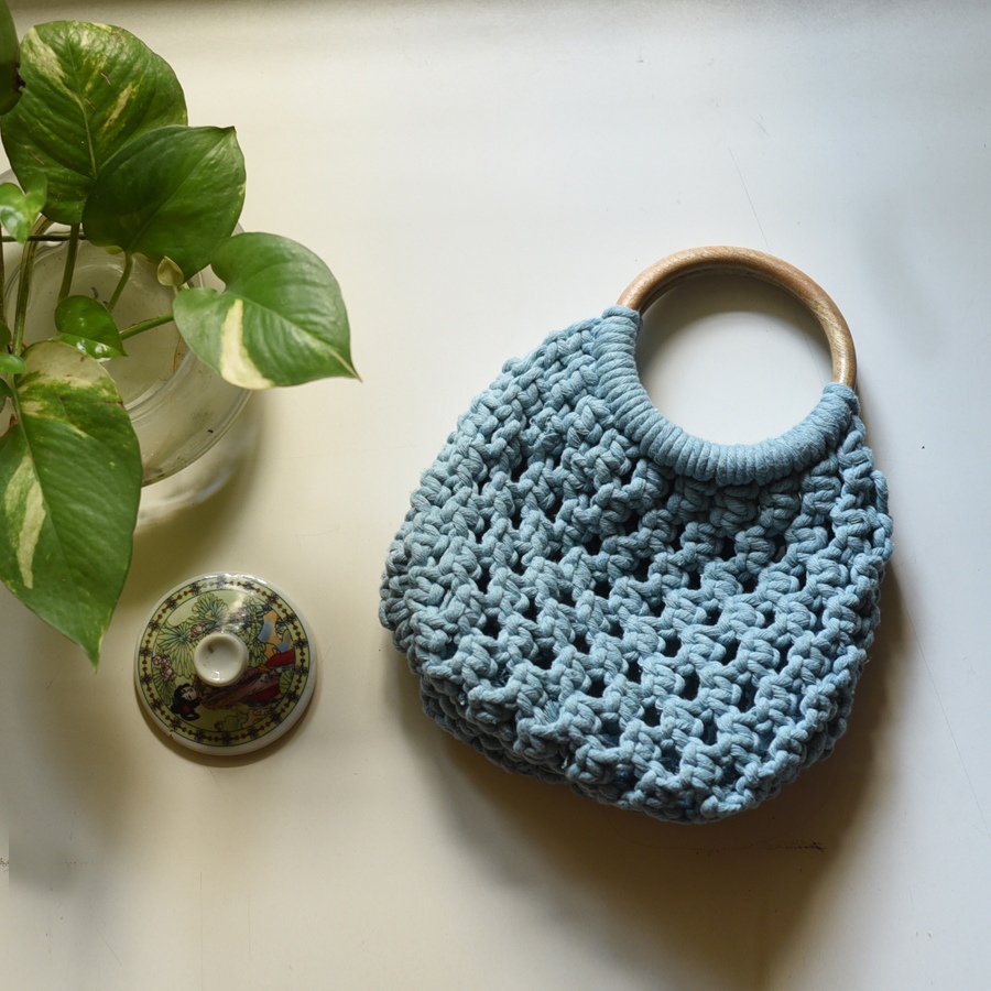 Hand Knotted Macrame Bag With Wooden Handles
