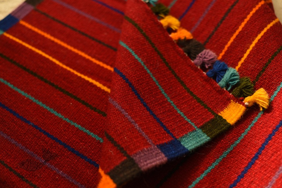 hand woven woolen durrie - Dark Red Striped