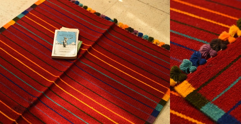 hand woven woolen durrie - Dark Red Striped