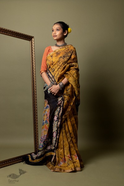 Yellow batik silk cotton handloom saree