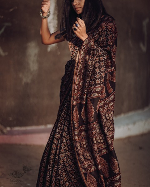 Ajrakh Silk Cotton Hand Block Printed black Saree