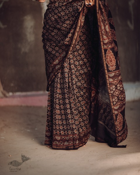 Ajrakh Silk Cotton Hand Block Printed black Saree