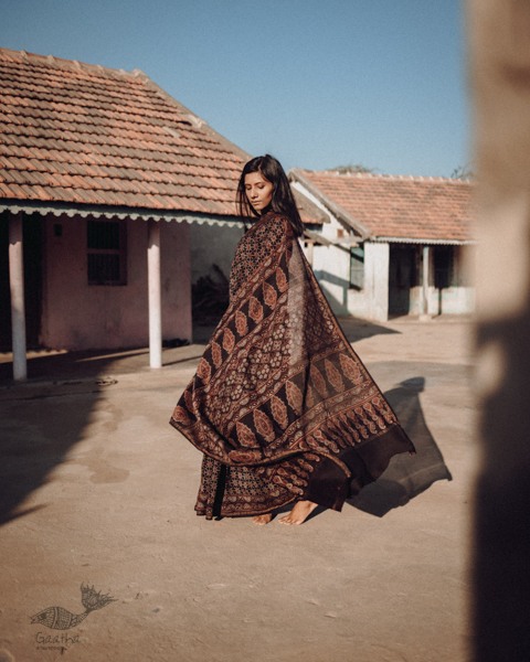 Ajrakh Silk Cotton Hand Block Printed black Saree